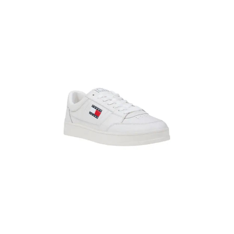 White Leather Tommy Hilfiger Sneaker showcased in a premium product display