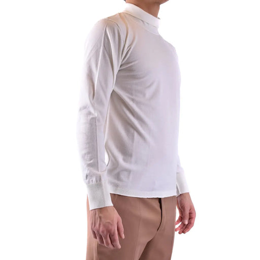 White turtleneck long sleeve sweater with smooth textured fabric and ribbed cuffs in a classic design