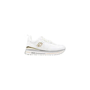 White women’s platform sneakers with gold accents from Liu Jo featuring slip-on sporty faux leather design