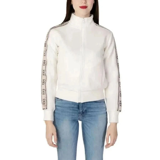 Guess Active Weiße Damenjacke mit Reißverschluss und dekorativem Ärmelbesatz