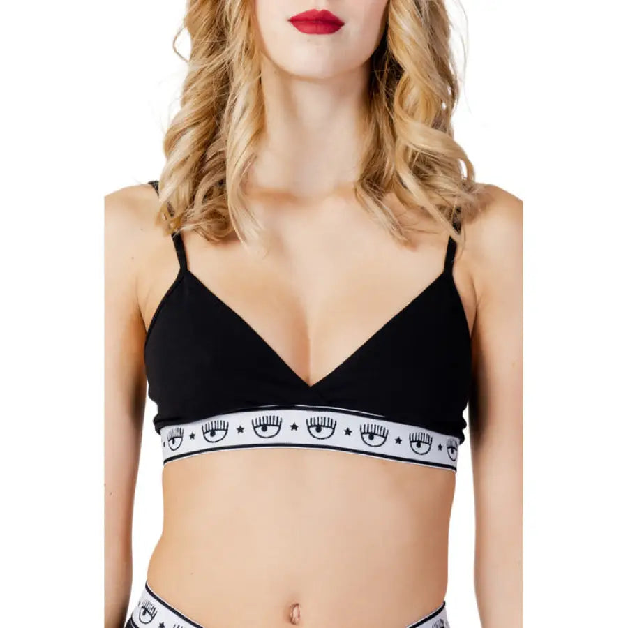 Chiara Ferragni in urban style bikini top, black and white print, city fashion