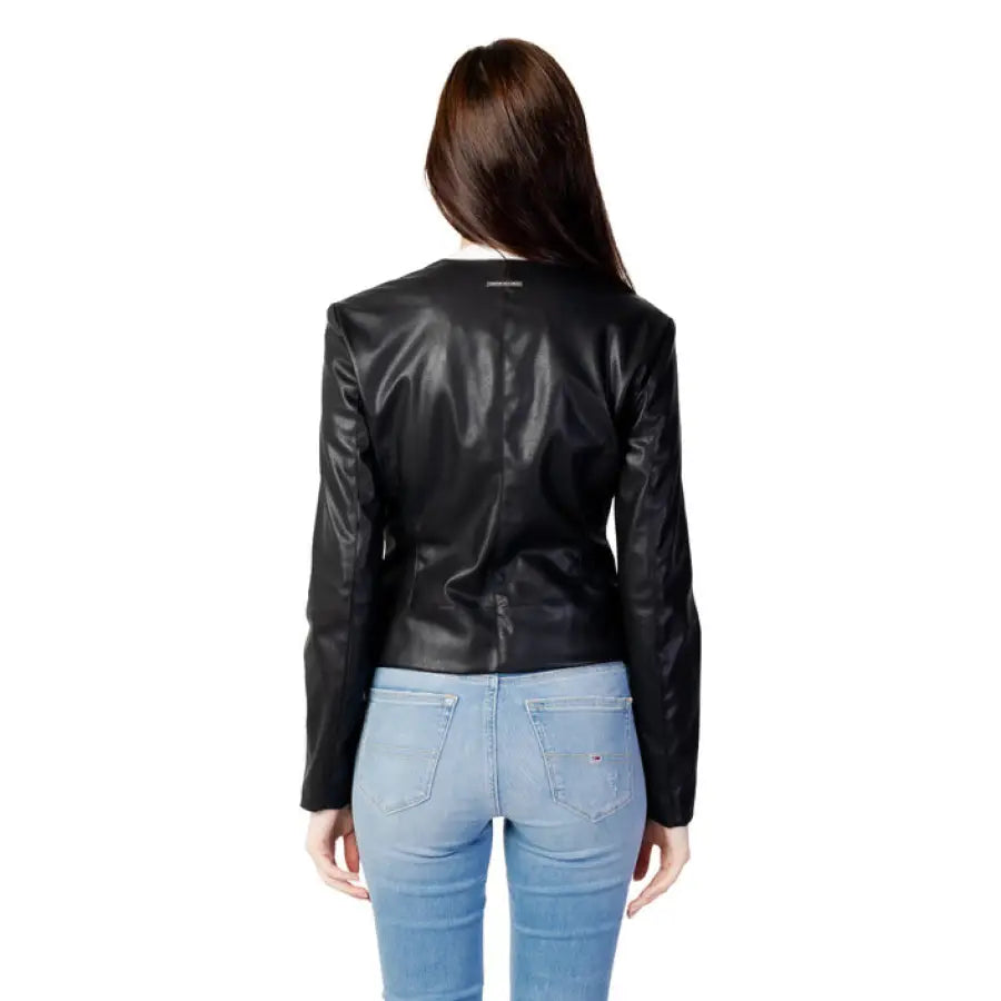 Woman in Armani Exchange black leather jacket for women