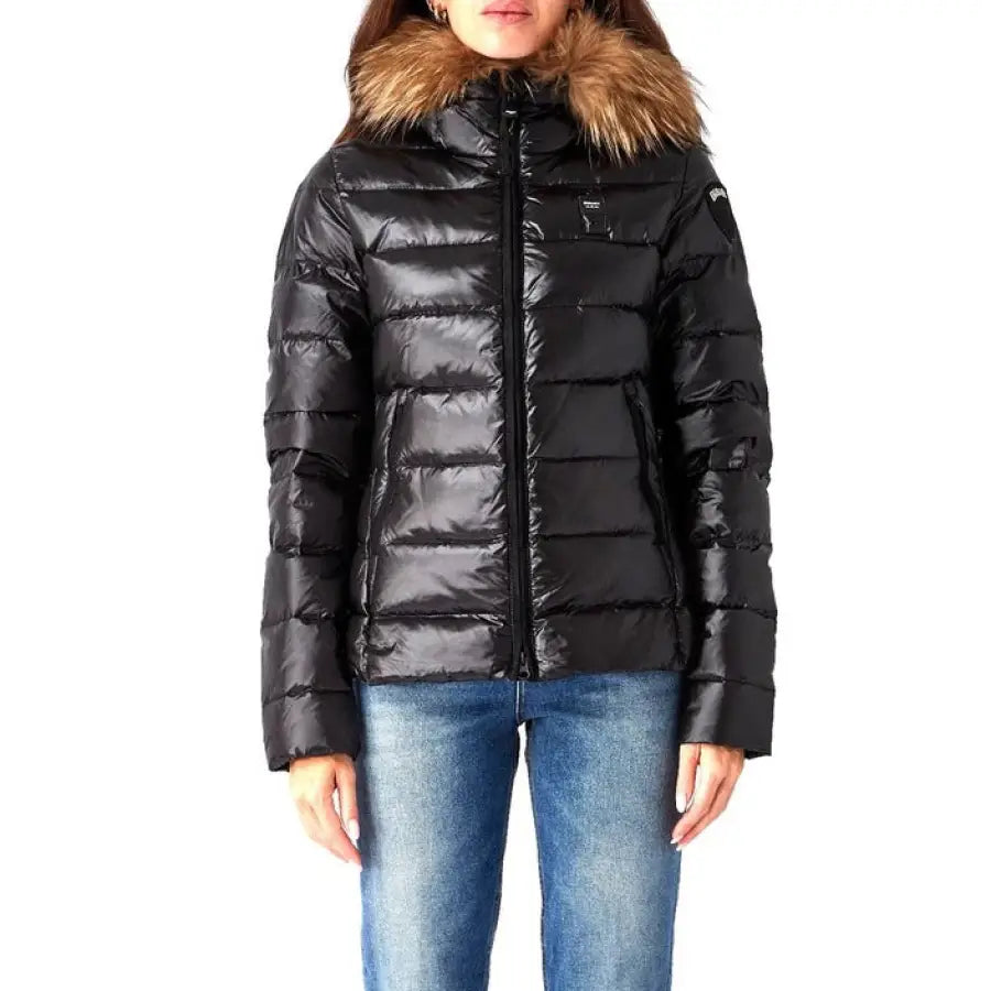 Blauer women jacket with fur collar for fall winter, black puffer style.