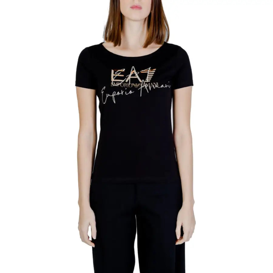 Ea7 Ea7 women t-shirt featuring woman in black tee with logo