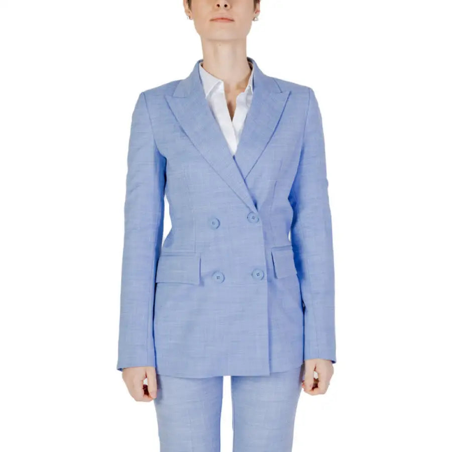 Woman wearing Sandro Ferrone blue blazer for women