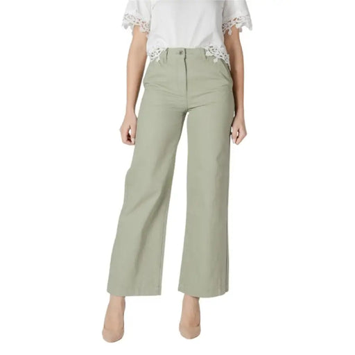 Woman modeling Women’s Light Green Wide Leg Pants for a stylish, comfortable look
