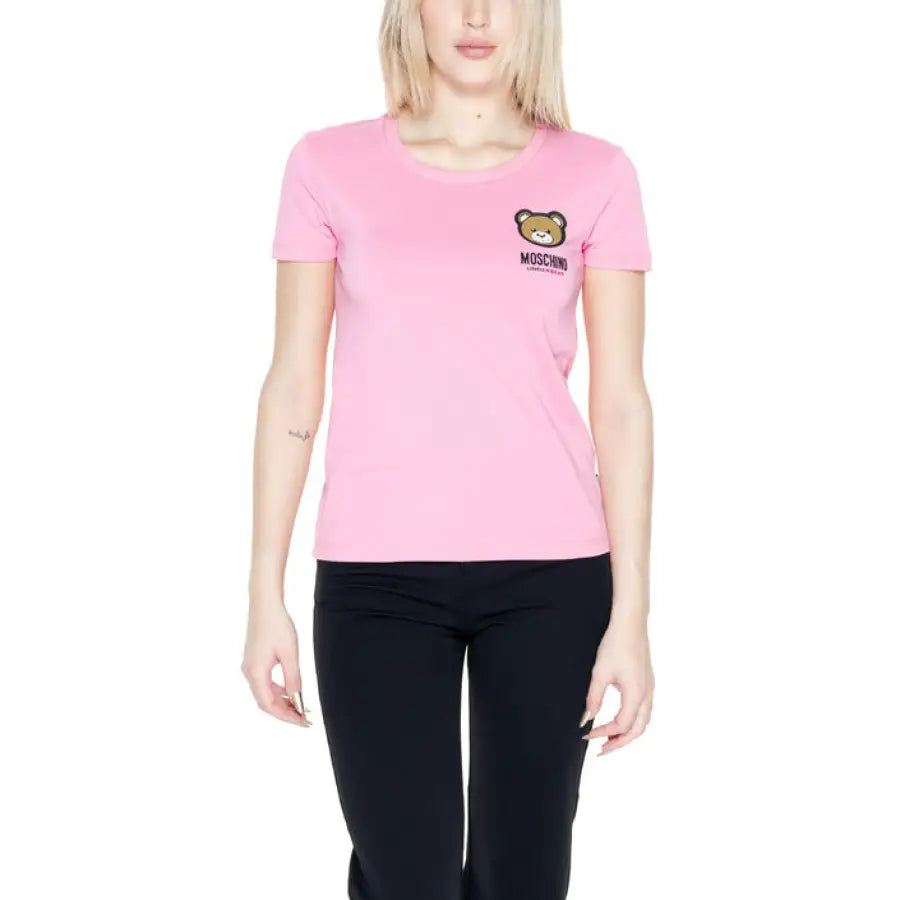 
                      
                        Woman in Moschino Underwear pink t-shirt with black cat, urban style clothing
                      
                    