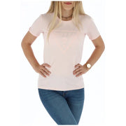 Woman wearing a pink T-shirt and blue jeans featured in the product listing