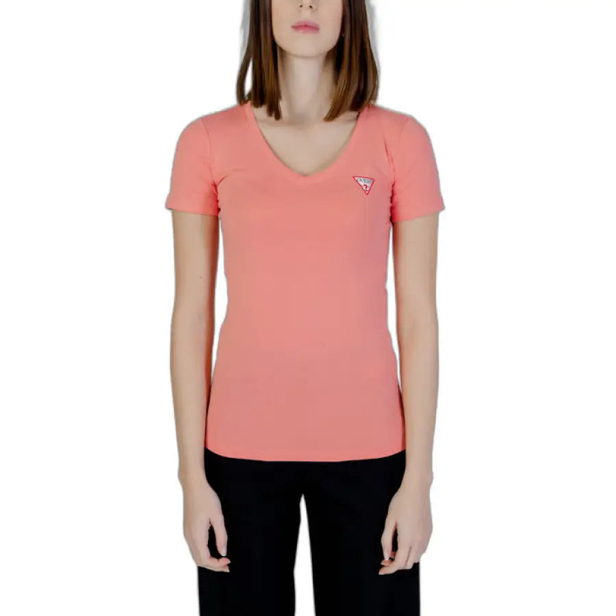 Guess Guess women wearing a pink V-neck T-shirt from the Guess Women T-Shirt collection