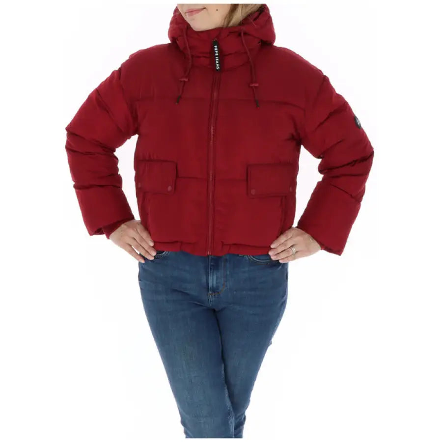 Woman in Pepe Jeans red jacket and jeans - Pepe Jeans Women Jacket feature