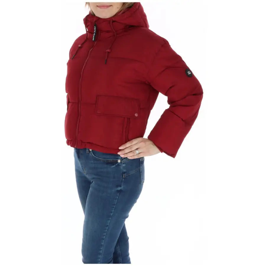 Woman in Pepe Jeans red jacket and jeans for Pepe Jeans Women Jacket feature