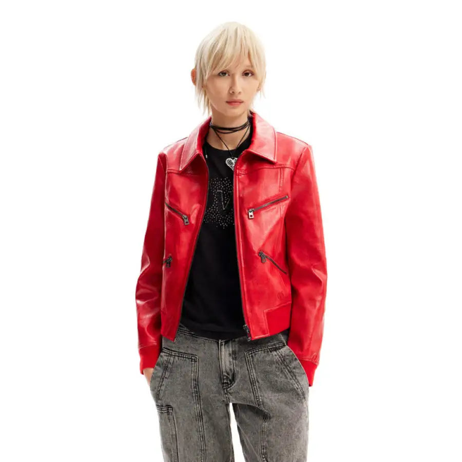 Desigual women blazer model in red leather jacket and jeans