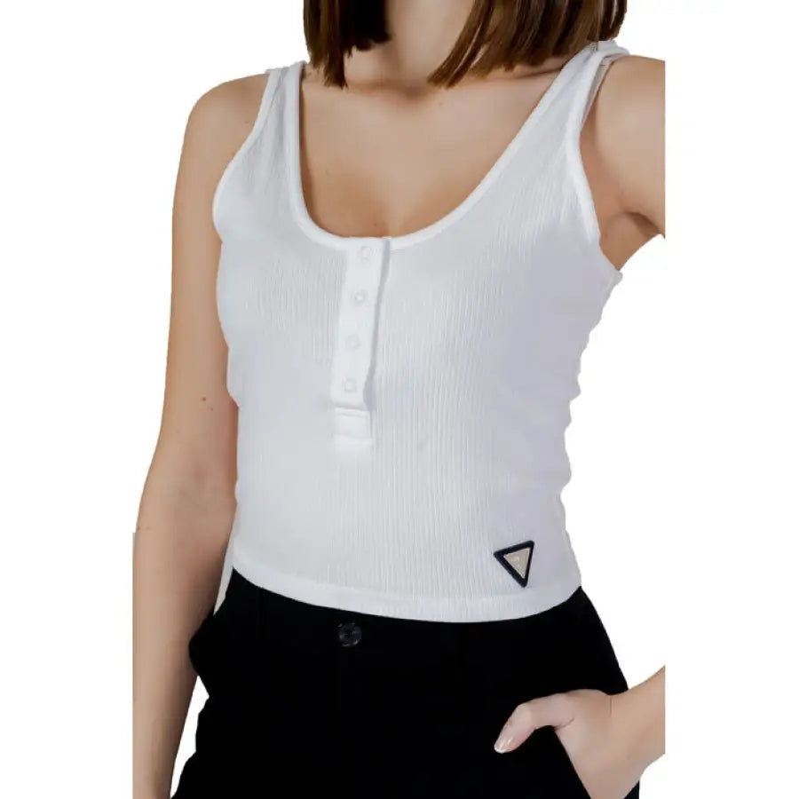 Guess Active woman modeling white top and black skirt - Guess Active Women Top