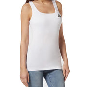 Woman wearing a white square-neck tank top and light wash jeans for Philipp Plein Women Undershirt