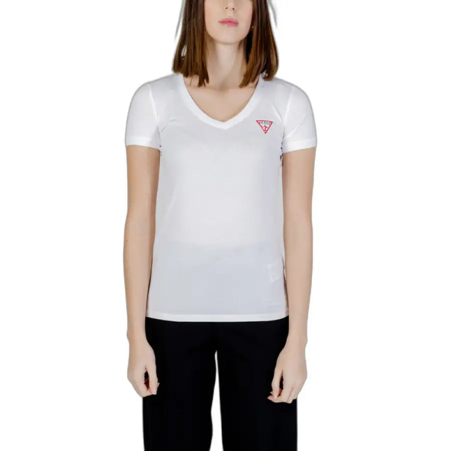 Guess Guess Women T-Shirt - woman in white shirt with red triangle logo