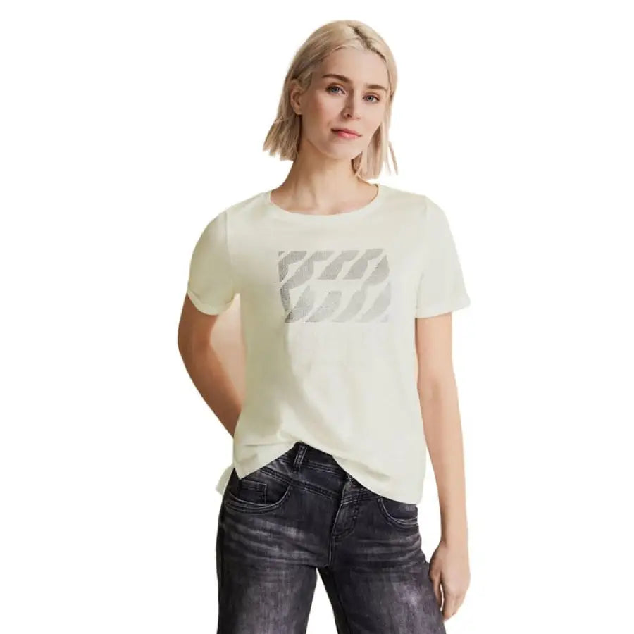 Woman in Street One urban city style white T-shirt with number 53