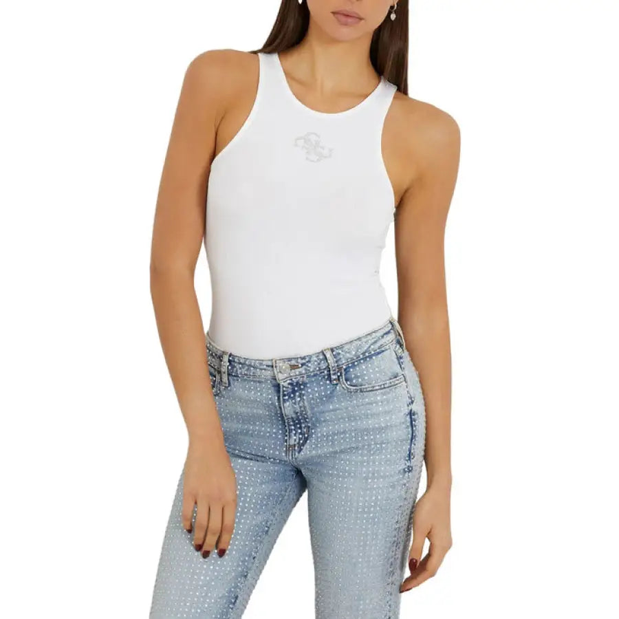 Guess women wearing Guess Guess Women Undershirt in white tank top and jeans