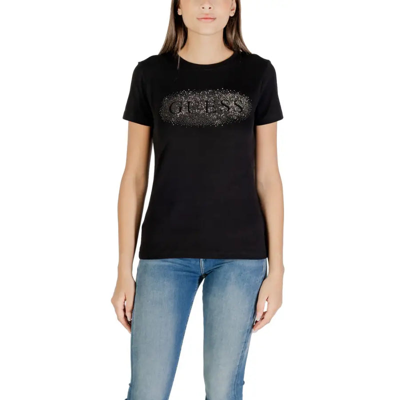 Black crew-neck T-shirt for women featuring a sparkly GUESS logo on the front