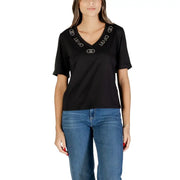 Liu Jo Women Black V Neck T Shirt with Rhinestone Print paired with blue jeans