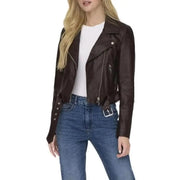 Brown Women’s Blazer with Zip and Long Sleeves in Faux Leather Moto Jacket Style