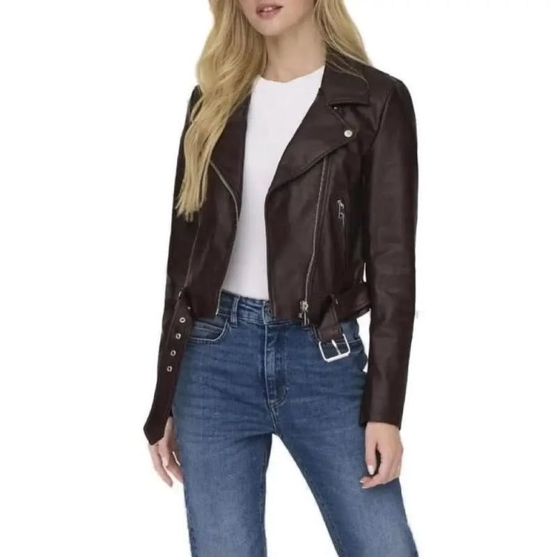 Brown Women’s Blazer with Zip and Long Sleeves in Faux Leather Moto Jacket Style