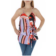 Woman wearing a vibrant colorful striped wrap top for Womens Colorful Striped Wrap Top product image