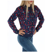 Woman wearing patterned button-down cardigan from Women Patterned Sweater Cardigan and Jeans Collection