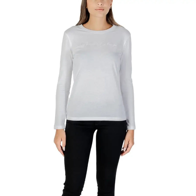 Armani Exchange Women black long sleeve round neck cotton T shirt on a woman