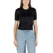Black organic cotton round neck T-shirt by Tommy Hilfiger Jeans featuring a woman in a short-sleeved black knit top