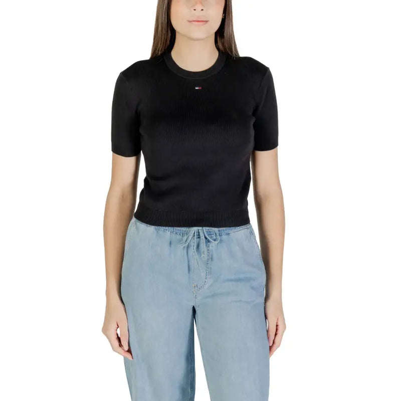 Black organic cotton round neck T-shirt by Tommy Hilfiger Jeans featuring a woman in a short-sleeved black knit top