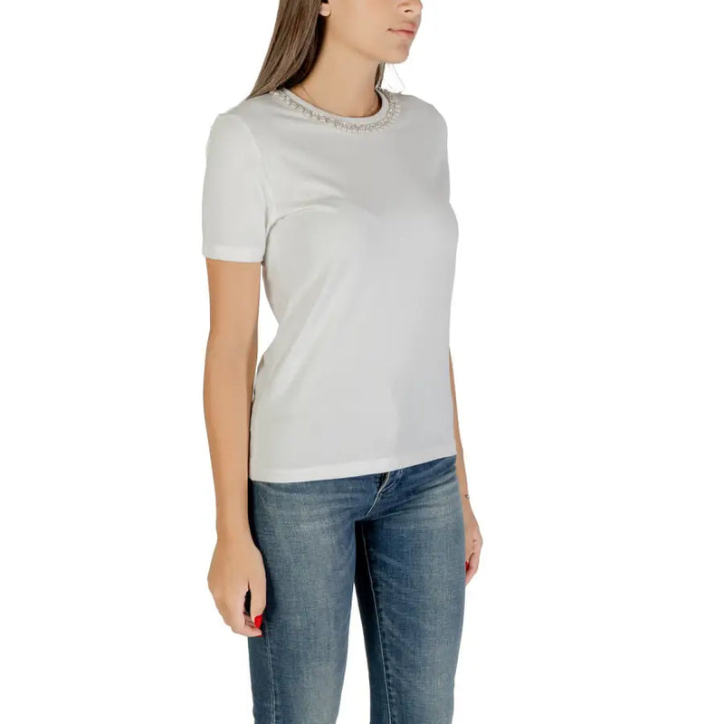 White short sleeve cotton T shirt for women with decorative beaded round neckline