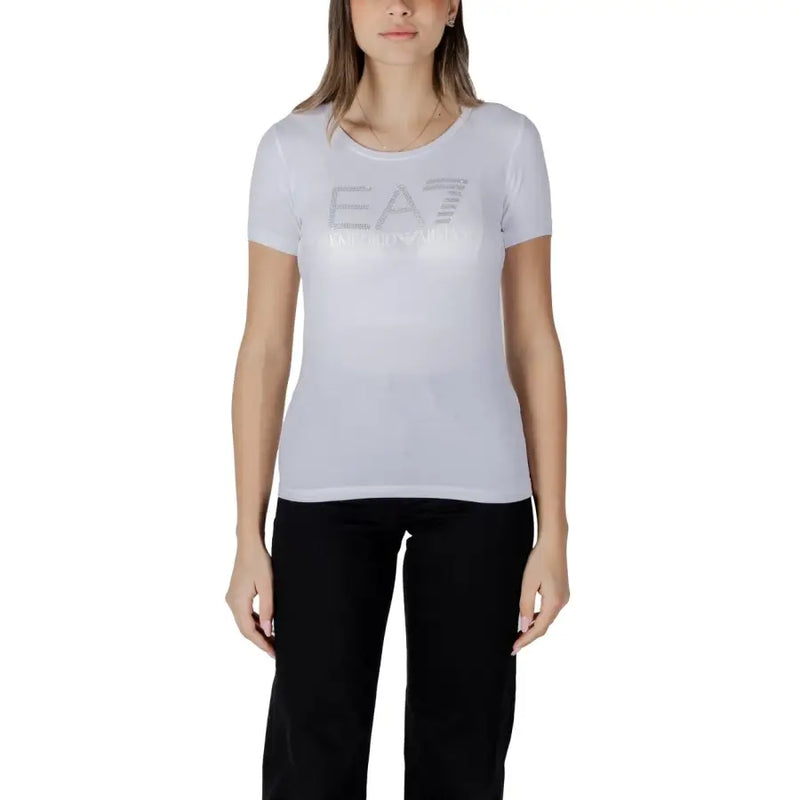 White Ea7 Women Spring Summer short-sleeve crew-neck T-shirt with silver EA7 logo