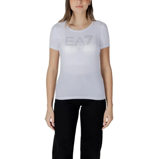White Ea7 Women Spring Summer short-sleeve crew-neck T-shirt with silver EA7 logo