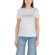 Woman wearing Guess Active white short-sleeve round neck T-shirt with logo front view