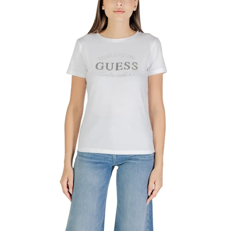 Woman wearing Guess Active white short-sleeve round neck T-shirt with logo front view