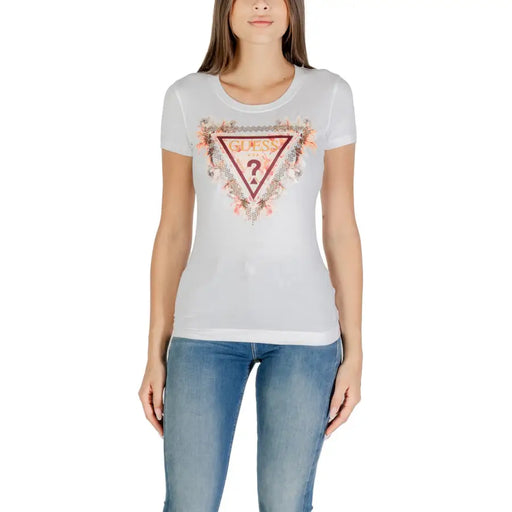 Woman wearing Guess White Cotton Elastane Round Neck Short Sleeve T Shirt with floral logo
