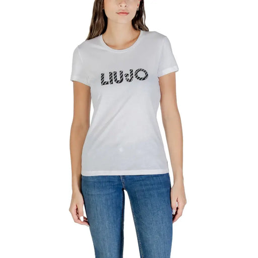 Woman wearing Liu Jo White Printed Short Sleeve Round Neck T Shirt with LIU JO logo