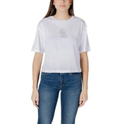 Woman wearing a white T shirt and blue jeans in the Womens White T Shirt and Blue Jeans product image