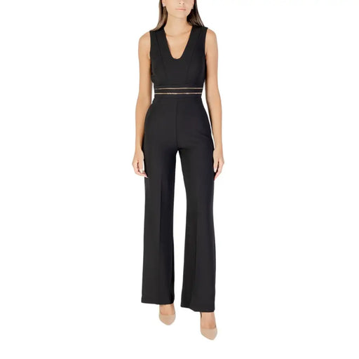 Women Black Sleeveless V Neck Rinascimento Jumpsuit with sheer lace waistband