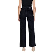 Dunkelblaue Damen-Jeans aus Denim mit hohem Bund und weitem Bein, von hinten gesehen, mit schwarzem, hochgeschnittenem und weitem Bein sowie klassischen Taschen.