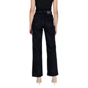 Women dark wash high waist wide leg denim jeans shown from the back with black high-waisted wide-leg design and classic pockets