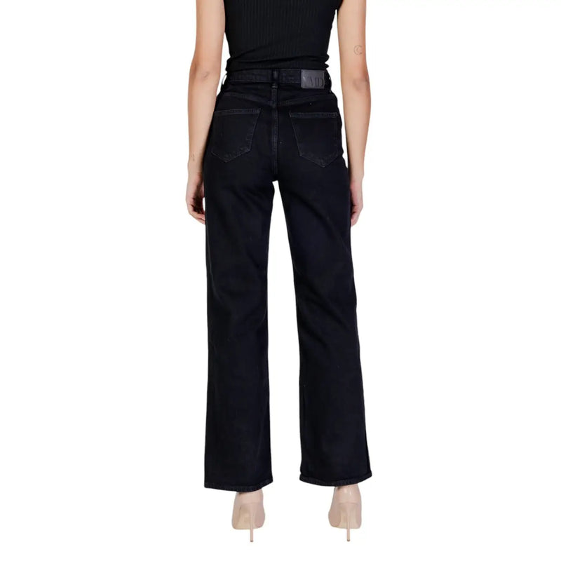Women dark wash high waist wide leg denim jeans shown from the back with black high-waisted wide-leg design and classic pockets