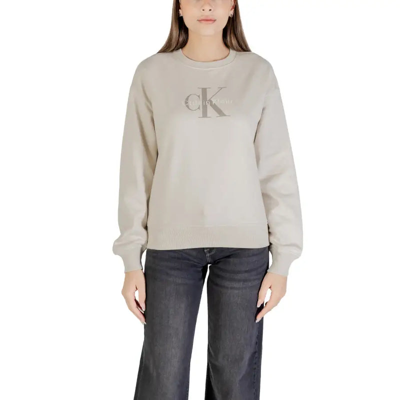 Women’s beige crew-neck sweatshirt with large CK logo front view, Calvin Klein Jeans