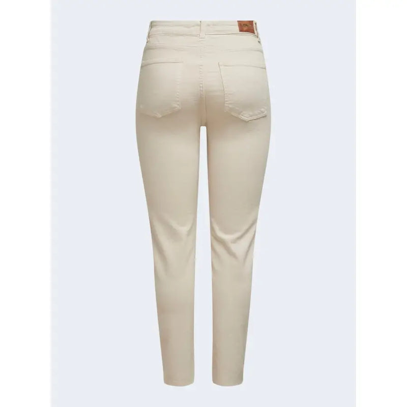 Beigefarbene High-Rise-Skinny-Jeans für Damen mit klassischer Denim-Struktur und braunem Leder-Markenpatch am Bund (Rückansicht).