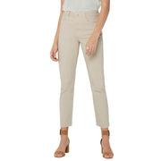 Women’s beige jeans with pockets featuring a clean tailored fit straight-leg design and gold-tone button waistband