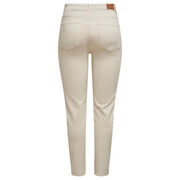 Back view of women’s beige high-waisted denim jeans with classic pockets and brown leather brand patch at waistband