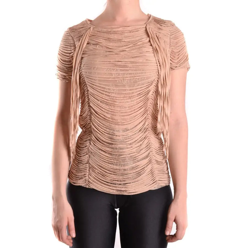 Beige women’s short-sleeved top with layered textured fringed design from Elisabetta Franchi