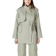 A sleek olive green belted trench coat with a high collar for women in a stylish blazer design