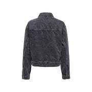 Women’s black cotton blazer with pockets shown from the back featuring a dark gray denim jacket texture and stitching details