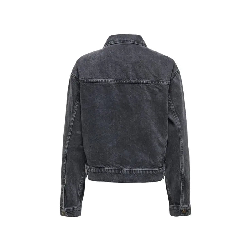 Women’s black cotton blazer with pockets shown from the back featuring a dark gray denim jacket texture and stitching details